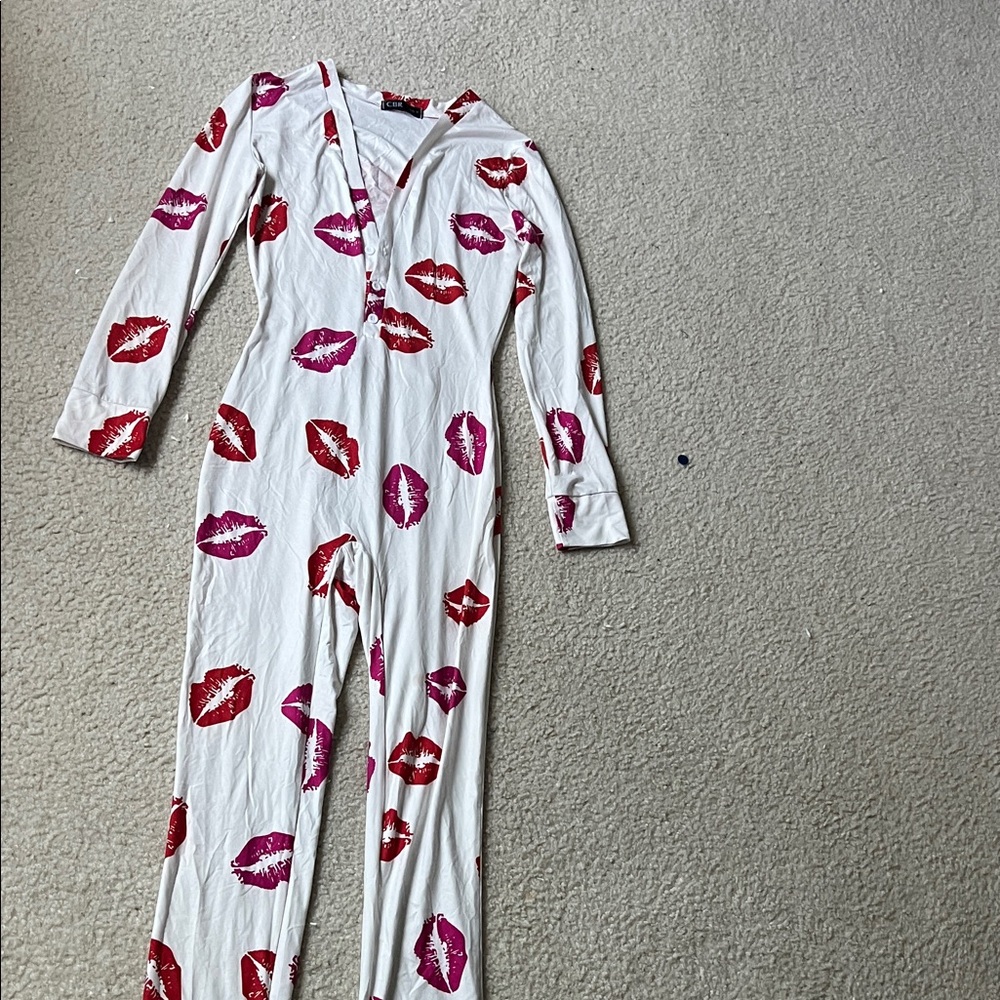 White Jumpsuit with Red and Pink Lip Print